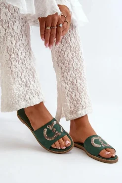 Damskie Płaskie Klapki Z Cekinami S.Barski KV27-052 Zielone