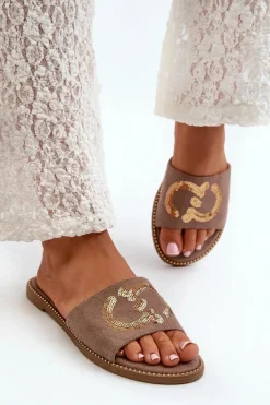 Damskie Płaskie Klapki Z Cekinami S.Barski KV27-052 Brązowe