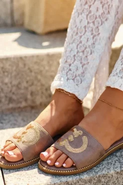 Damskie Płaskie Klapki Z Cekinami S.Barski KV27-052 Brązowe