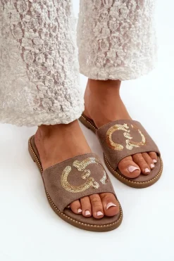 Damskie Płaskie Klapki Z Cekinami S.Barski KV27-052 Brązowe