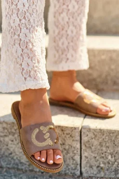 Damskie Płaskie Klapki Z Cekinami S.Barski KV27-052 Brązowe