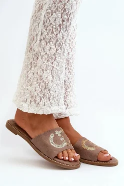 Damskie Płaskie Klapki Z Cekinami S.Barski KV27-052 Brązowe