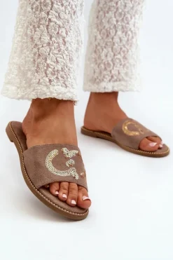 Damskie Płaskie Klapki Z Cekinami S.Barski KV27-052 Brązowe