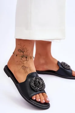 Damskie Płaskie Klapki Z Ozdobami S.Barski KV-520-3 Czarne