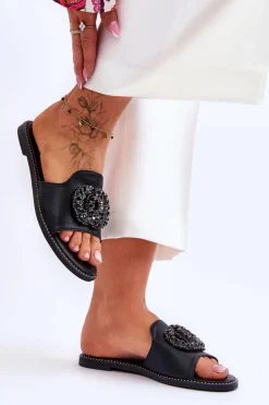 Damskie Płaskie Klapki Z Ozdobami S.Barski KV-520-3 Czarne