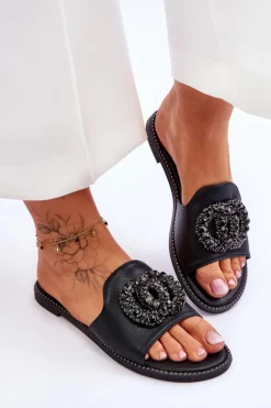 Damskie Płaskie Klapki Z Ozdobami S.Barski KV-520-3 Czarne