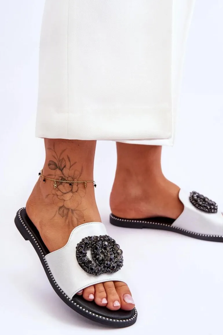 Damskie Płaskie Klapki Z Ozdobami S.Barski KV-520-3 Srebrne