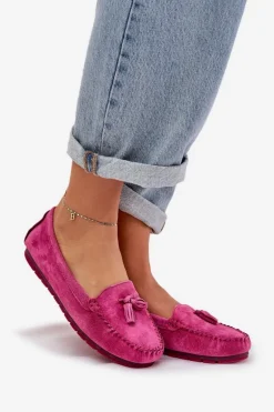 Damskie Płaskie Klasyczne Zamszowe Mokasyny S.Barski LR51-548 Fuksja