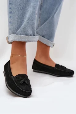 Damskie Płaskie Klasyczne Zamszowe Mokasyny S.Barski LR51-548 Czarne