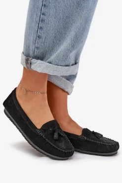 Damskie Płaskie Klasyczne Zamszowe Mokasyny S.Barski LR51-548 Czarne
