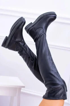 Damskie Płaskie Kozaki za Kolano Czarne Malata