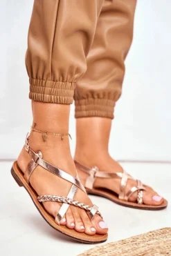 Damskie Płaskie Sandałki Rzemyk Różowe Złoto Laurence