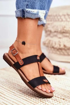 Damskie Płaskie Sandały Czarne Renna