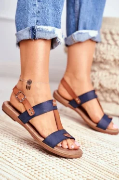 Damskie Płaskie Sandały Granatowe Renna