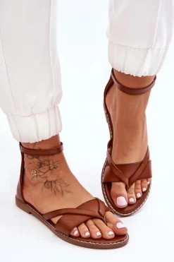 Damskie Płaskie Sandały Japonki Na Zamek Brązowe Rise Up!