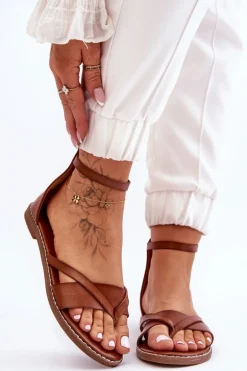 Damskie Płaskie Sandały Japonki Na Zamek Brązowe Rise Up!