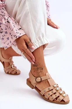 Damskie Płaskie Sandały Z Cyrkoniami Beżowe Ascot