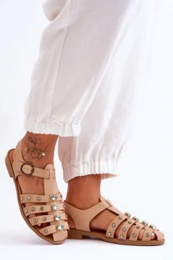 Damskie Płaskie Sandały Z Cyrkoniami Beżowe Ascot