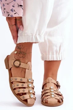 Damskie Płaskie Sandały Z Cyrkoniami Beżowe Ascot