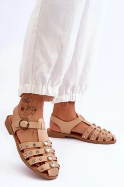 Damskie Płaskie Sandały Z Cyrkoniami Beżowe Ascot