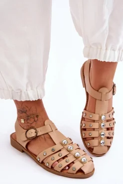 Damskie Płaskie Sandały Z Cyrkoniami Beżowe Ascot