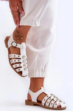 Damskie Płaskie Sandały Z Cyrkoniami Białe Ascot