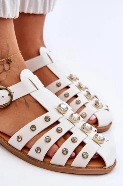 Damskie Płaskie Sandały Z Cyrkoniami Białe Ascot