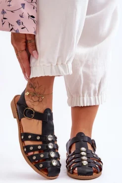 Damskie Płaskie Sandały Z Cyrkoniami Czarne Ascot