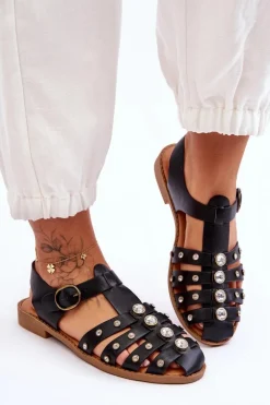 Damskie Płaskie Sandały Z Cyrkoniami Czarne Ascot