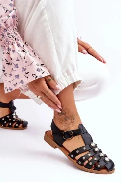 Damskie Płaskie Sandały Z Cyrkoniami Czarne Ascot