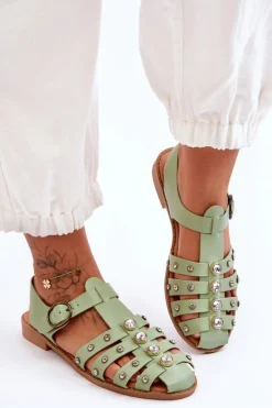 Damskie Płaskie Sandały Z Cyrkoniami Zielone Ascot