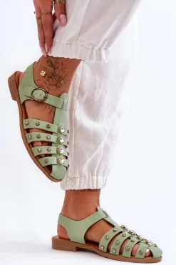 Damskie Płaskie Sandały Z Cyrkoniami Zielone Ascot