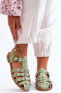 Damskie Płaskie Sandały Z Cyrkoniami Zielone Ascot