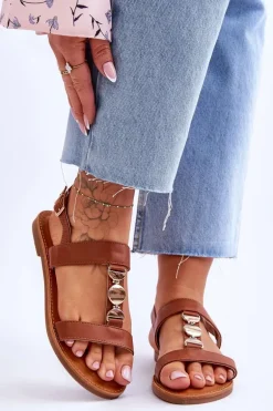 Damskie Płaskie Sandały Z Ozdobnym Paskiem Brązowe Berry