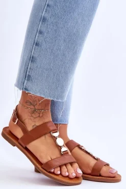 Damskie Płaskie Sandały Z Ozdobnym Paskiem Brązowe Berry