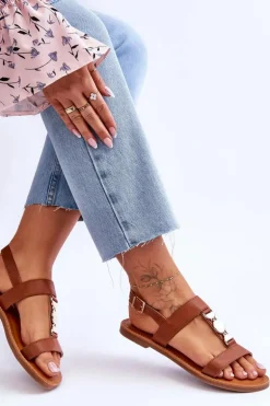 Damskie Płaskie Sandały Z Ozdobnym Paskiem Brązowe Berry