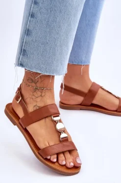 Damskie Płaskie Sandały Z Ozdobnym Paskiem Brązowe Berry