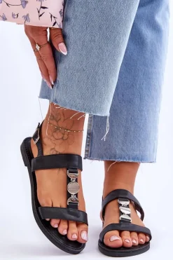 Damskie Płaskie Sandały Z Ozdobnym Paskiem Czarne Berry