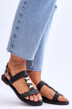 Damskie Płaskie Sandały Z Ozdobnym Paskiem Czarne Berry