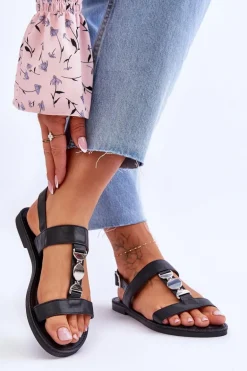 Damskie Płaskie Sandały Z Ozdobnym Paskiem Czarne Berry