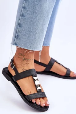 Damskie Płaskie Sandały Z Ozdobnym Paskiem Czarne Berry