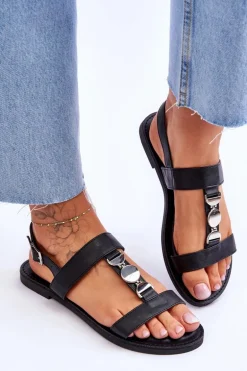 Damskie Płaskie Sandały Z Ozdobnym Paskiem Czarne Berry