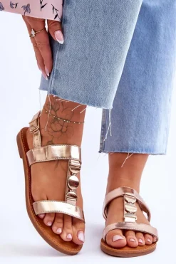 Damskie Płaskie Sandały Z Ozdobnym Paskiem Złote Berry