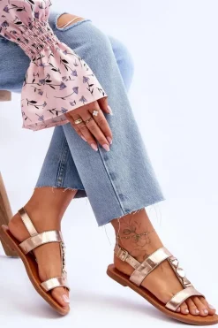 Damskie Płaskie Sandały Z Ozdobnym Paskiem Złote Berry
