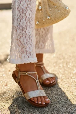 Damskie Płaskie Sandały Z Paskami S.Barski KV27-010 Złote