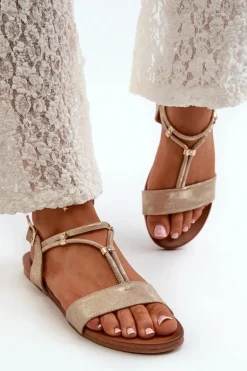 Damskie Płaskie Sandały Z Paskami S.Barski KV27-010 Złote