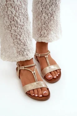 Damskie Płaskie Sandały Z Paskami S.Barski KV27-010 Złote