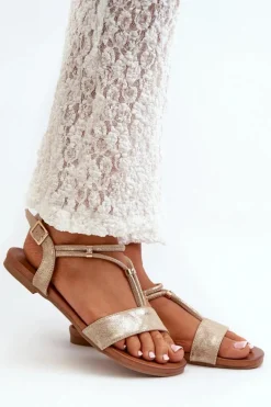 Damskie Płaskie Sandały Z Paskami S.Barski KV27-010 Złote