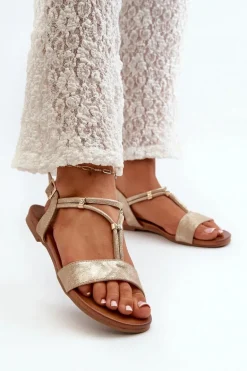 Damskie Płaskie Sandały Z Paskami S.Barski KV27-010 Złote