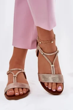 Damskie Płaskie Sandały Z Paskami S.Barski KV51-120 Różowe Złoto